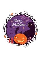 gelukkige halloween-kaart. platte vectorillustratie van pompoen, kat, boomtakken vector