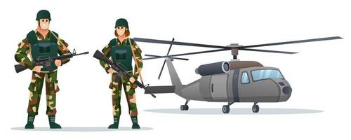 mannelijke en vrouwelijke legersoldaten met wapengeweren met cartoonillustratie van een militaire helikopter vector