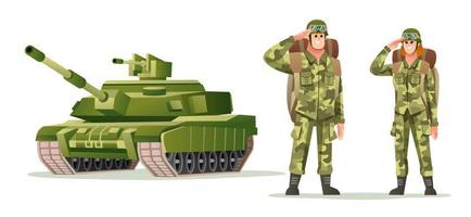 mannelijke en vrouwelijke legersoldaat met rugzakkarakters met tankcartoonillustratie vector