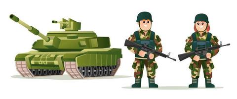 schattige jongen en meisje leger soldaten met wapen geweren met tank cartoon afbeelding vector