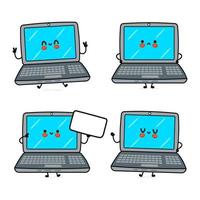 grappige schattige gelukkige laptop tekens bundel set. vector hand getrokken doodle stijl cartoon karakter illustratie pictogram ontwerp. geïsoleerd op blauwe achtergrond. schattige laptop mascotte karakterverzameling