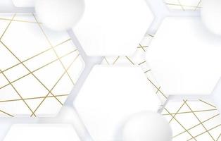3D-zachte witte geometrische zeshoekige vormelementen met gouden decorstrips. minimaal schoon achtergrondontwerp. vector illustratie