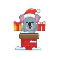 schattig koala stripfiguur met kerstmuts in de schoorsteen vector