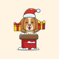 schattige hond met kerstmuts in de schoorsteen vector