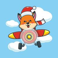 schattige vos met kerstmuts vliegen met vliegtuig vector