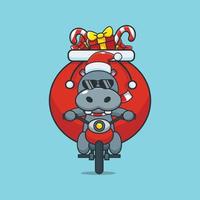 schattig nijlpaard met kerstcadeau met motorfiets vector