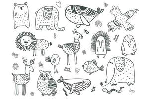 scandinavische kinderdieren en elementen. scandi doodle dieren zwart-wit vector stijlset.