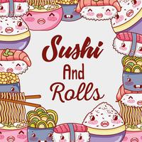 Sushi en rollen schattige kawaii cartoons vector