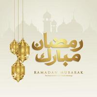 ontwerp wenskaart ramadan moment met luxe Arabische kalligrafie, halve maan, traditionele lantaarn en moskee patroon textuur islamitische achtergrond sjabloon. vector