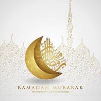 ontwerp wenskaart ramadan moment met luxe Arabische kalligrafie, halve maan, traditionele lantaarn en moskee patroon textuur islamitische achtergrond sjabloon. vector
