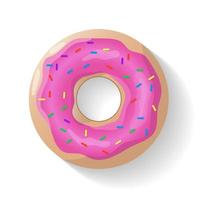 donut geïsoleerde achtergrond. schattige roze donut. kleurrijke en glanzende donut met roze glazuur en veelkleurig poeder. realistische vectorillustratie vector