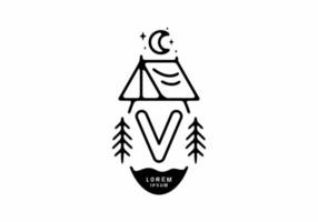 zwarte lijn kunst illustratie van camping tent badge met v letter vector