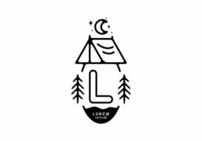 zwarte lijn kunst illustratie van camping tent badge met l letter vector