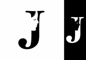 zwart-wit j beginletter met silhouet van vrouwengezicht vector