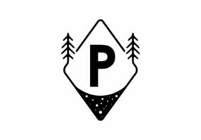 badge met zwarte lijntekeningen met pijnbomen en p-letter vector