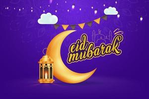 gelukkige eid mubarak-groeten met halve maan en islamitische lantaarn achtergrondillustratie vector