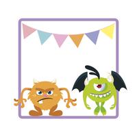 vierkant frame met grappige monsters en slingers opknoping vector