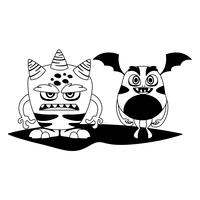 grappige monsters paar stripfiguren monochroom vector