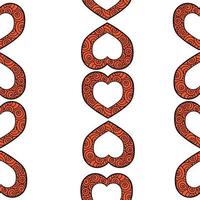 naadloze patroon van verticale rijen van harten met spiralen voor Valentijnsdag, oranje doodle harten op een witte achtergrond vector