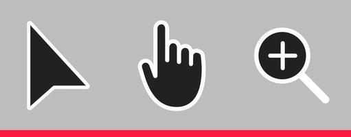 zwart-wit pijl, hand en vergrootglas muis cursor iconen vector illustratie.