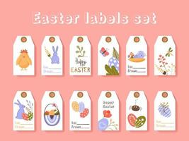 Pasen groet cadeau labels en tags collectie met schattige konijntje, eieren en bloemen. voorjaarsvakantie sjabloon voor seizoensgebonden verpakking, verpakking, stickers. gekleurde platte vectorillustratie vector