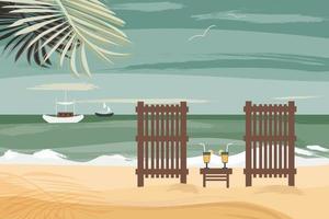 moderne zee landschap. Paradise strand panorama met palmboom, ligstoelen en lucht. exotische resort zomervakantie concept. platte vectorillustratie voor reisbureau webbanner, flyers, kaarten vector