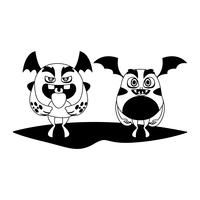 grappige monsters paar stripfiguren monochroom vector