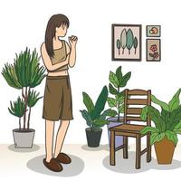 vrouw en planten in de woonkamer, minimalistisch interieurmeubilair. vector