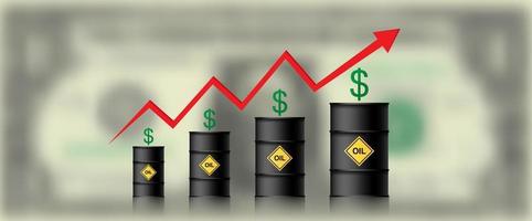 de olieprijs stijgt. vaten olie, dollar en infographics met een rode pijl omhoog. stijgende ruwe olieprijzen concept, vectorillustratie geïsoleerd op wazig één dollar achtergrond vector