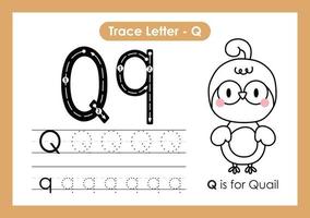 alfabet trace letter a tot z voorschoolse werkblad met letter q kwartel vector