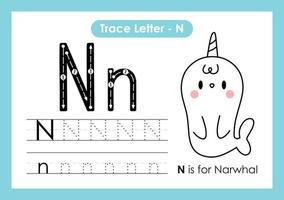 alfabet trace letter a tot z voorschoolse werkblad met letter n narwahl vector