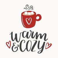 warme en gezellige belettering met warme chocolademelk mok. handgetekende letters. leuke winterwenskaart. vector hand geletterd kerst ontwerp.