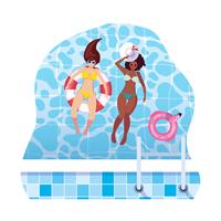 interraciale meisjes met zwembroek en badmeester drijven in water vector