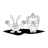 grappige monsters paar stripfiguren monochroom vector