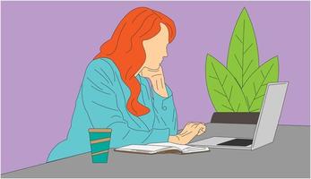 een vrouw werkt met haar laptop op een schoon bureau. cartoon minimale stijl. platte vectorillustratie vector