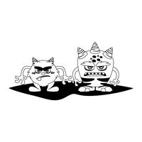 grappige monsters paar stripfiguren monochroom vector