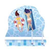 meisjes met badpak in badmeester en matras drijft in water vector