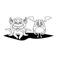 grappige monsters paar stripfiguren monochroom vector