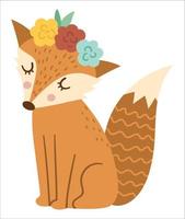 vector hand getekende vos met bloemen op het hoofd. schattig bohemien stijl bos dier pictogram geïsoleerd op een witte achtergrond. zoete boho bos illustratie voor kaart, print, briefpapier ontwerp.