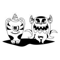 grappige monsters paar stripfiguren monochroom vector