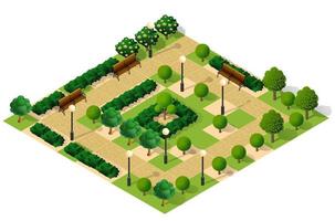 stadskwartier bovenaanzicht landschap isometrische 3d illustratie met bomen met park vector