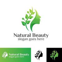 vrouw vrouwelijk gezicht en bladeren voor beauty spa cosmetische salon en natuurlijke huidverzorging bedrijfslogo vector