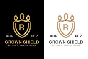 elegante lijnkunst kroon en schild logo met eerste letter r logo ontwerp twee versies vector
