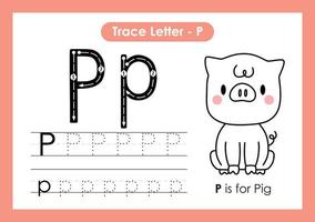 alfabet trace letter a tot z voorschoolse werkblad met letter p varken vector
