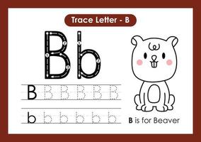 alfabet trace letter a tot z voorschoolse werkblad met letter b bever vector