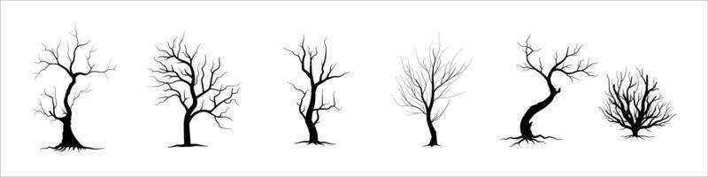 collectie zwarte tak boom of naakte bomen silhouetten. handgetekende geïsoleerde illustraties