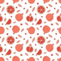 rode granaat naadloze patroon. halve, plak en hele granaatappelachtergrond. met de hand getekend vers fruitornament voor behang, textiel, inpakpapier, menu, sappakket en interieurontwerp vector