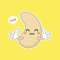 schattig en kawaii cashew nier vorm moer platte stripfiguur. vectorboon met hoofd en ogen, komische superfoodheld. vegetarisch eten, gezonde groente vector