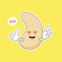 schattig en kawaii cashew nier vorm moer platte stripfiguur. vectorboon met hoofd en ogen, komische superfoodheld. vegetarisch eten, gezonde groente vector