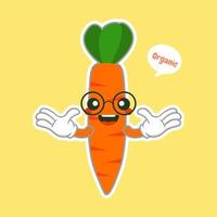 schattig en kawaii illustratie van grappige wortel stripfiguur, veganistisch concept, wortel liefde. voedsel en groente concept.orange wortel logo icoon vector